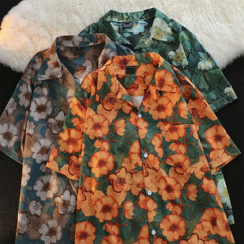CQ-Camisa de flores retro pintura a óleo masculina e feminina, manga curta, colarinho cubano, solta, casaco Hawaii Casal, verão