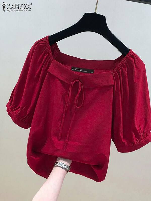 Топ ZANZEA в Корейском стиле на шнуровке, винтажная однотонная блузка с рукавом до локтя, модные женские рубашки с квадратным вырезом, Повседневная Свободная Женская одежда