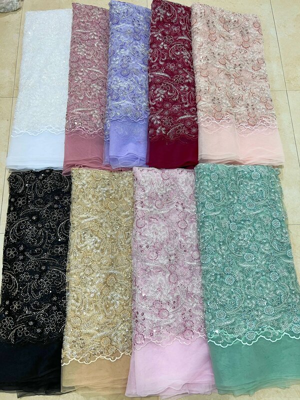 2024 Latest African Sequins Lace Fabric High Quality Embroidery 3D French Flower Beads Nigerian Net Lace For Wedding Party Dress