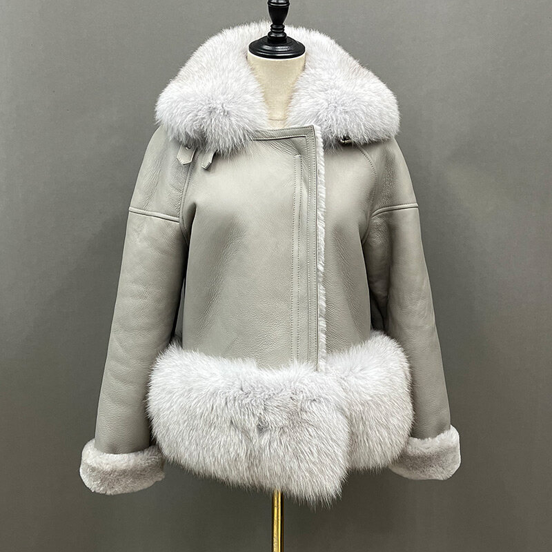 Shearing Real Sheepskin2022 New Lady Leather Jackets Winter Warm Real Fox Fur Collar Cuffs Fur Lining Short Coat Overcoats 7421B