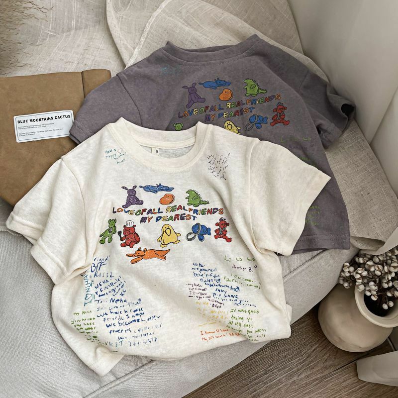 子供用半袖Tシャツ,漫画のベビープリント,韓国風,男の子と女の子,2024