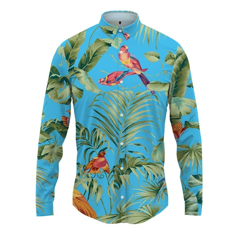 Camisa de manga comprida de planta floral masculina, roupa casual de lapela, tops verdes, estampa floral havaiana, mais nova