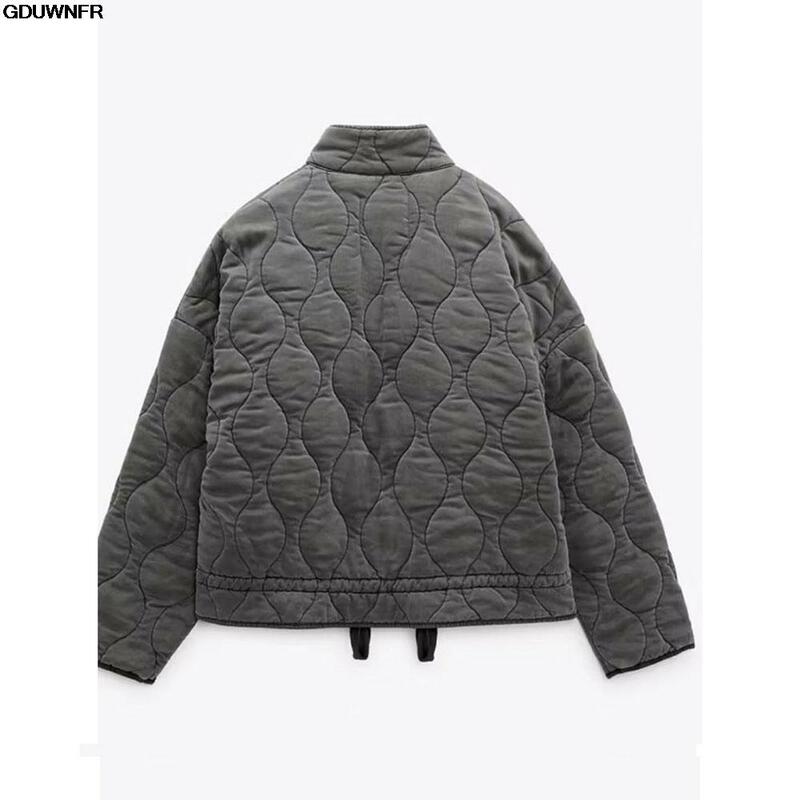 ZA Women's Cotton Coat 2023 Winter Fashion Pocket Drawstring Warm Vintage Long Sleeve Zipper Female Outerwear Tops Jacket