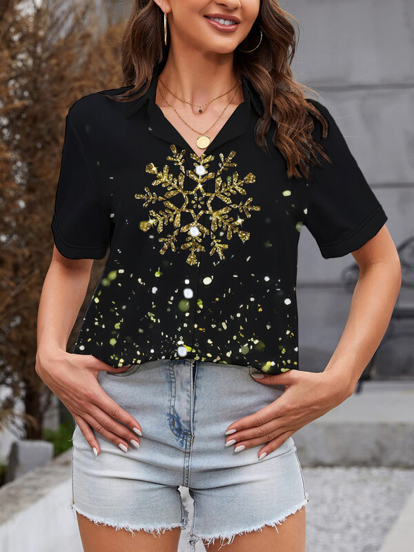 2024 new summer women's short-sleeved shirt shiny snowflake 3D digital printing shirt temperament and aesthetic shirt