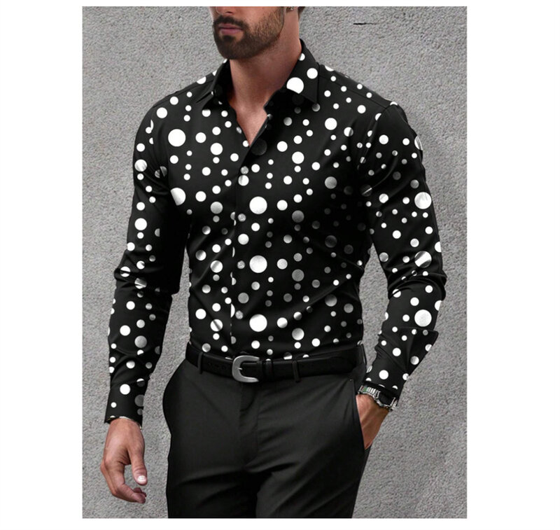 남성용 패션 라펠 단색 패치워크 프린트 긴팔 단추 업 셔츠, 스트리트 캐주얼 고품질 의류, 신제품