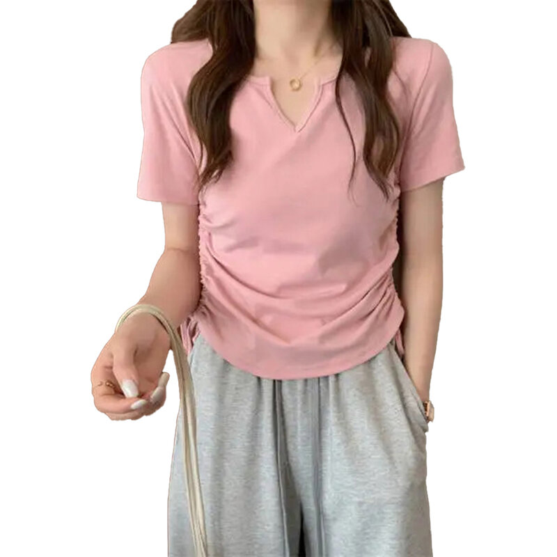Top donna T Shirt Daily Holiday Casual Draw String poliestere manica corta leggermente elasticizzato tinta unita di alta qualità