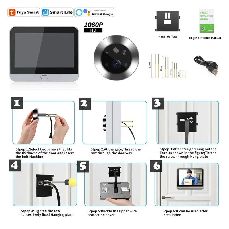 4,3-дюймовый WiFi глазок Tuya Smart 1080P WiFi глазок видеокамера домашней безопасности ночного видения Видео дверная камера