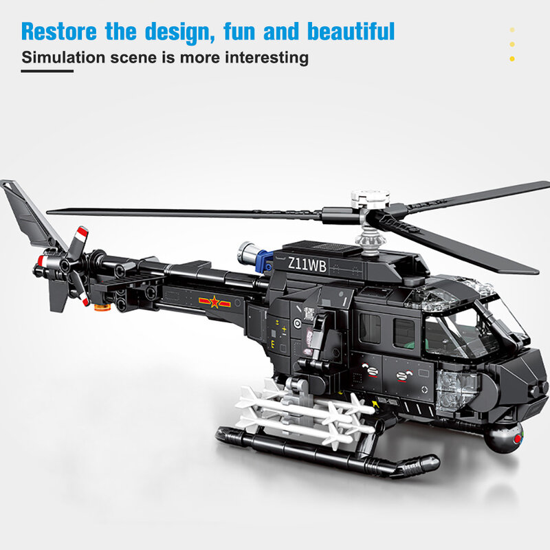 Technical Ideas Military Armed Helicopter Series Building Blocks Z-11B Attack Helicopter BricksToys for Boys Holiday Gifts