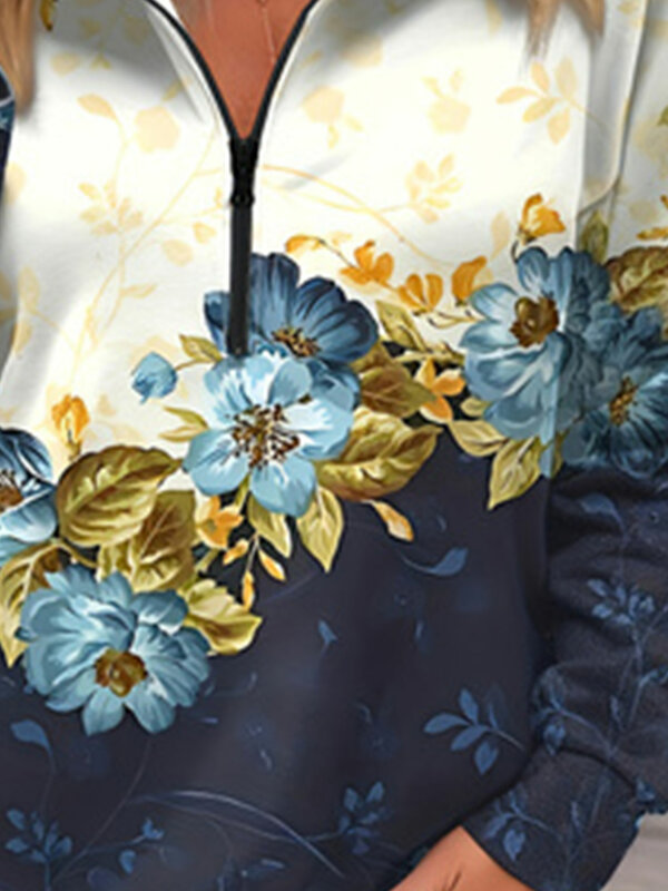 Plus Size Casual Top, Women's Plus Colorblock Floral Print Half Zipper Long Sleeve Mock Neck Top