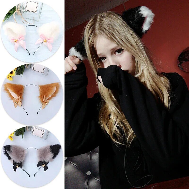 Śliczne Fox kot uszy pluszowy pałąk Lolita Cosplay kostium imprezowy muszka dzwon dziewczyny Anime akcesoria do włosów Halloween dostaw