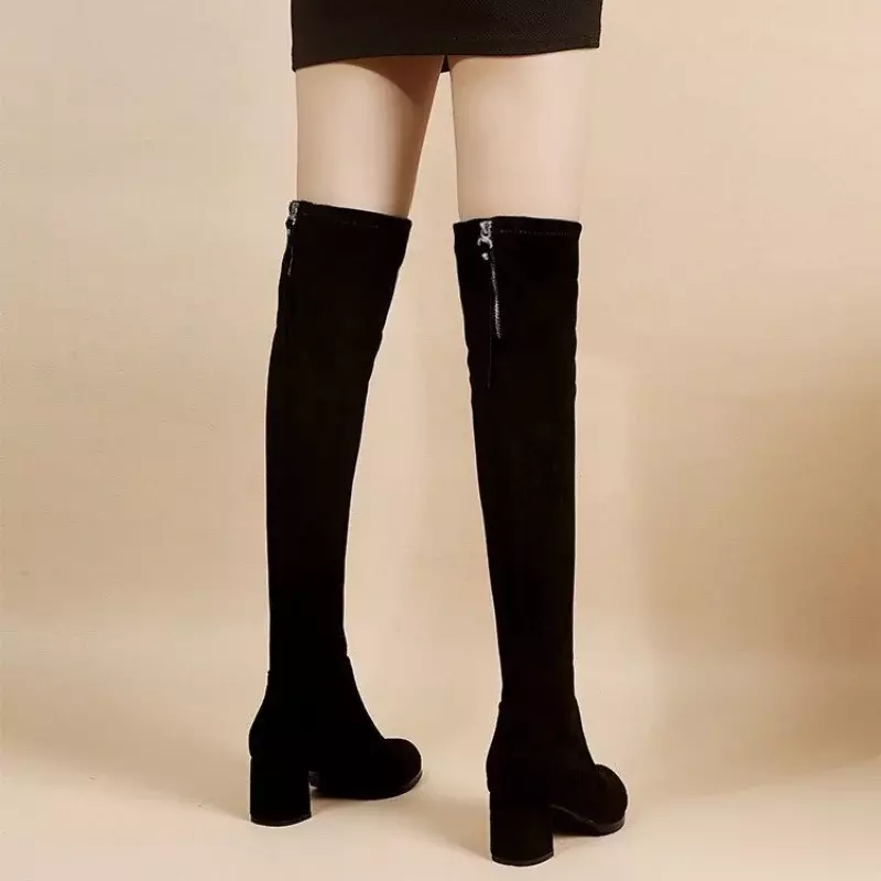Bottes en faux daim pour femmes, talons féminins, bottes élastiques au genou avec fermeture éclair, cuissardes à lacets, bottes noires, automne, 2022