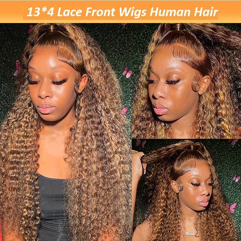 Honey Blonde Highlighted Lace Frontal Wig para Mulheres, Onda Profunda, 5x5 Lace Encerramento Perucas, Hairpiece Humano Glueless, 13x4, 180%, 4/27