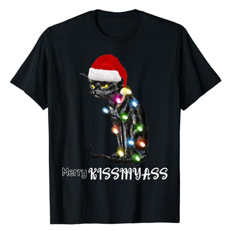 Merry Kissmyass Funny Christmas Lights t-shirt Xmas Costume Gifts Kitty Lover Graphic outfit Cute Kitten dicing Tee Y2k Top