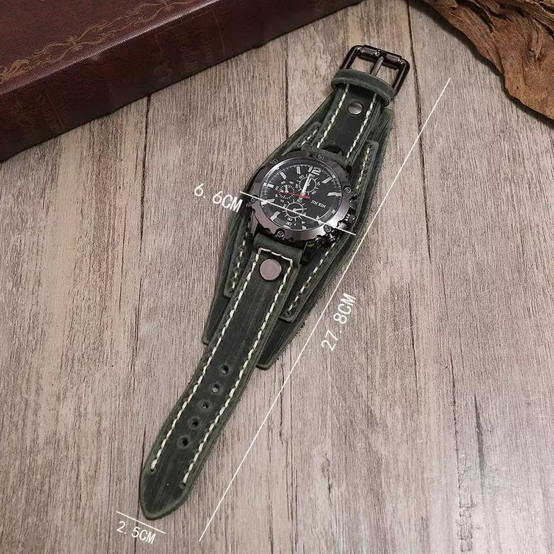 Jessingshow-Relógio de pulso de quartzo de luxo masculino, pulseira de couro, relógio estilo punk, pulseiras largas de couro genuíno, 2023