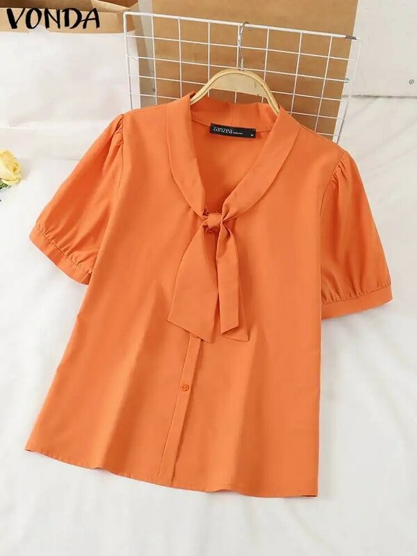 VONDA 2024 damskie letnie koszule tunika z krótkim rękawem topy moda bandaż z dekoltem w serek Casual bluzki w jednolitym kolorze luźne Blusas Femininas