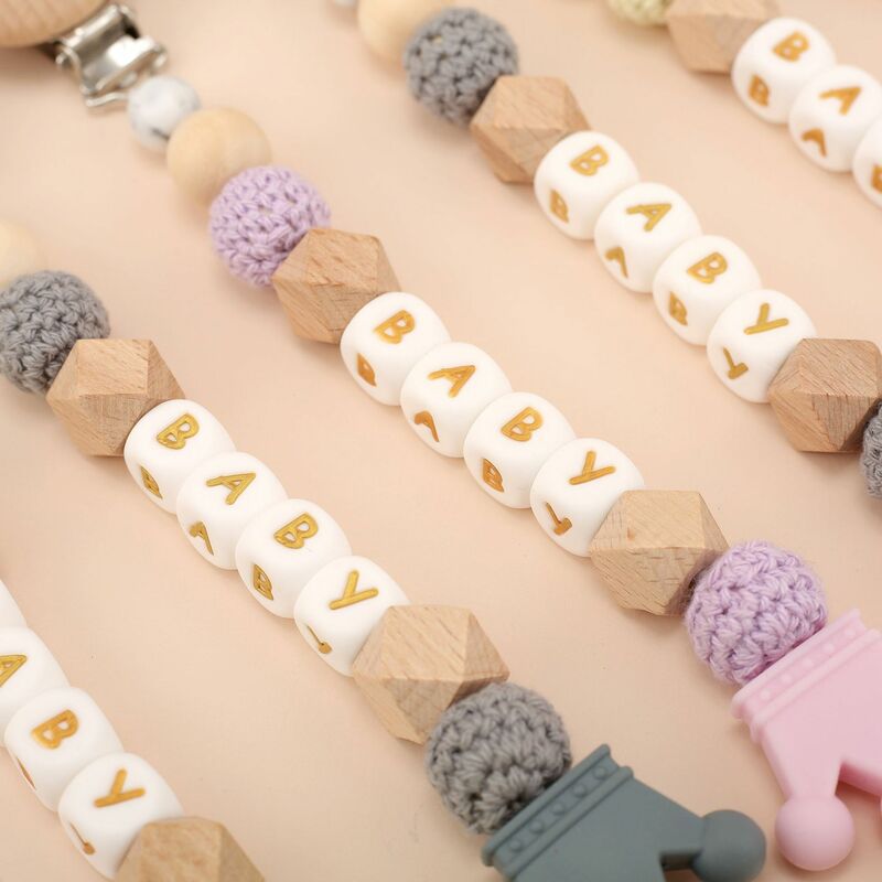 INS Baby Pacifiers Clips Personalized Name Silicone Crown Letter Gold Dummy Nipples Holder Clip Chain Teething Toys Accessories
