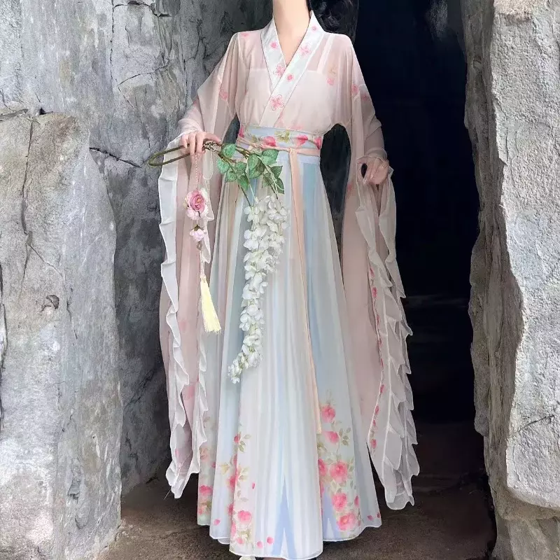 Chinese Style WeiJin Dynasty Hanfu Dress Set Women Traditional Elegnat Floral Print Fairy Long Robe Cosplay Female Cosplay Suit