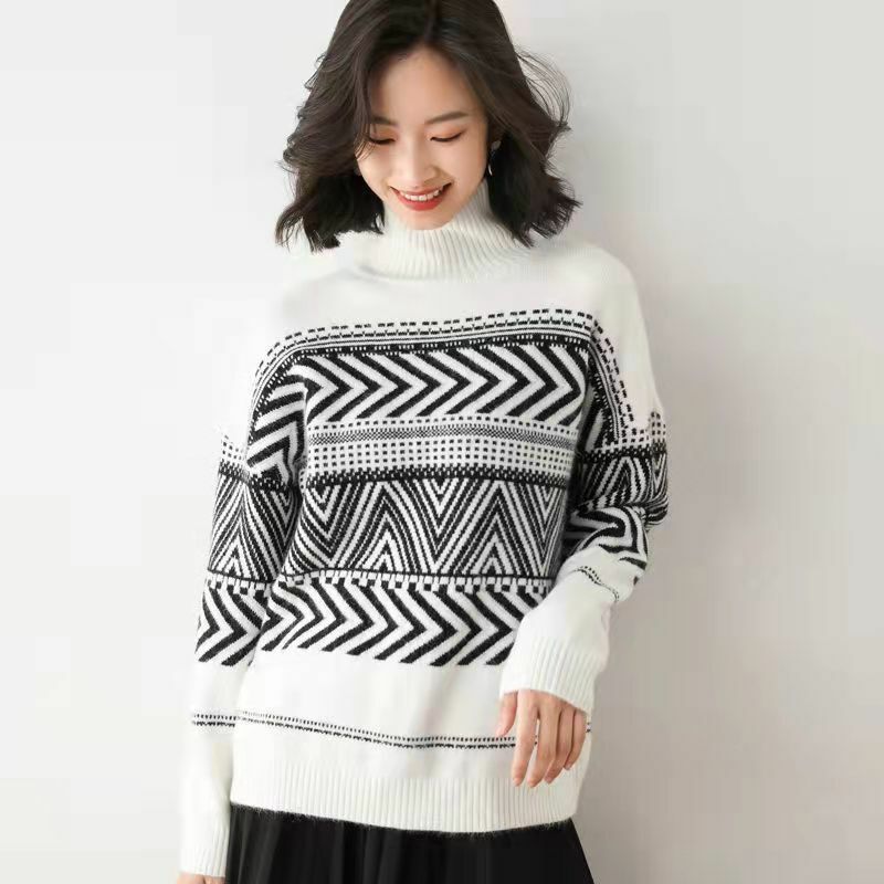 Sweater wanita, atasan komuter pullover, ukuran besar, musim dingin, 2023, sweater kasual geometris longgar, Turtleneck, mode