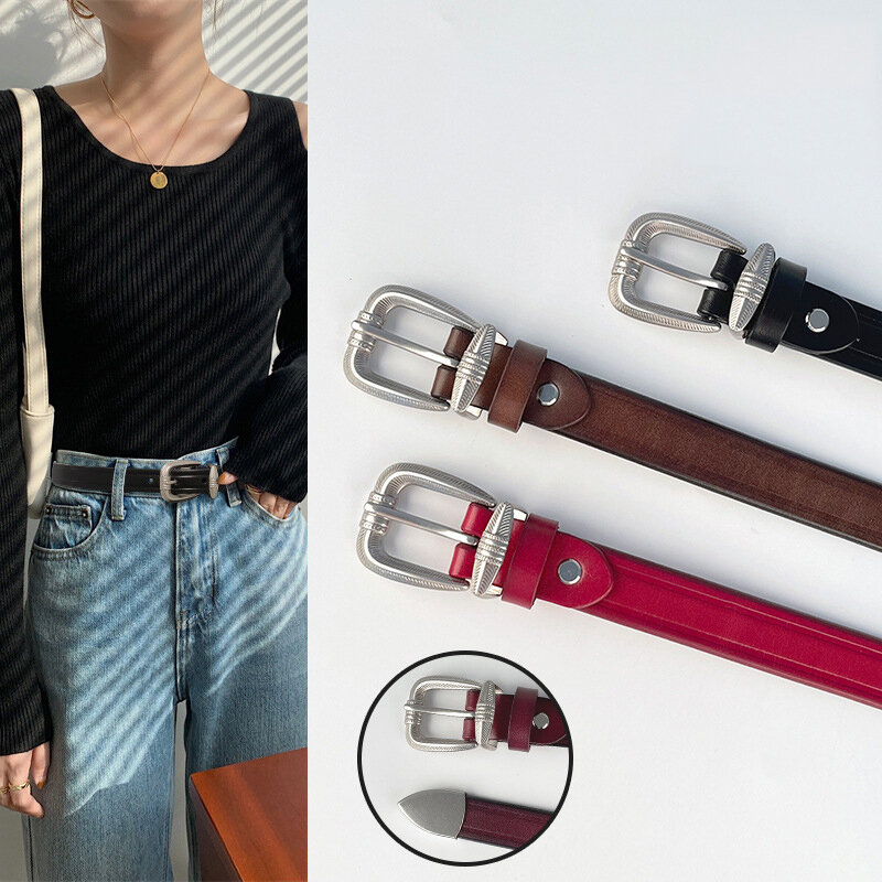 Cinturón de cuero genuino con hebilla plateada para mujer, cinturón de cuero de vaca de alta calidad, cinturón de moda de diseñador de lujo, nuevo