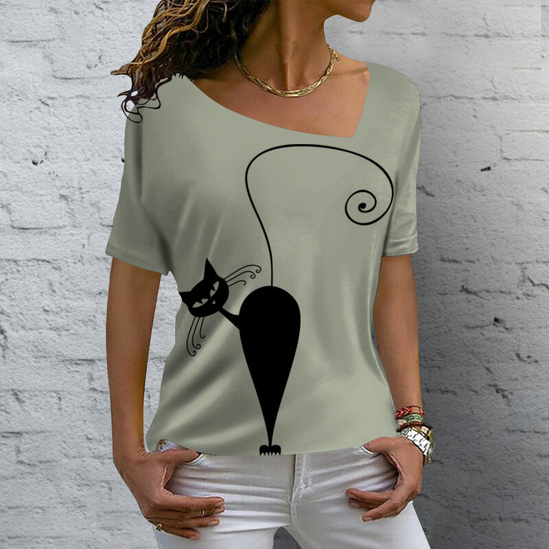 여성용 V넥 반팔 티셔츠, 애니메이션 고양이 그래픽 레저 의류, 여성 하라주쿠 스트리트웨어, 오버사이즈 블라우스, 여름