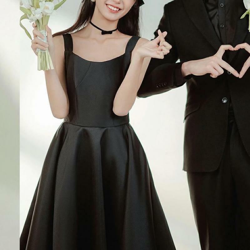 Vestidos de casamento simples de cetim, Sexy Spaghetti Straps, Prom Dress, Mew, confortável vestido de noite, tamanho personalizado, preto, 2024