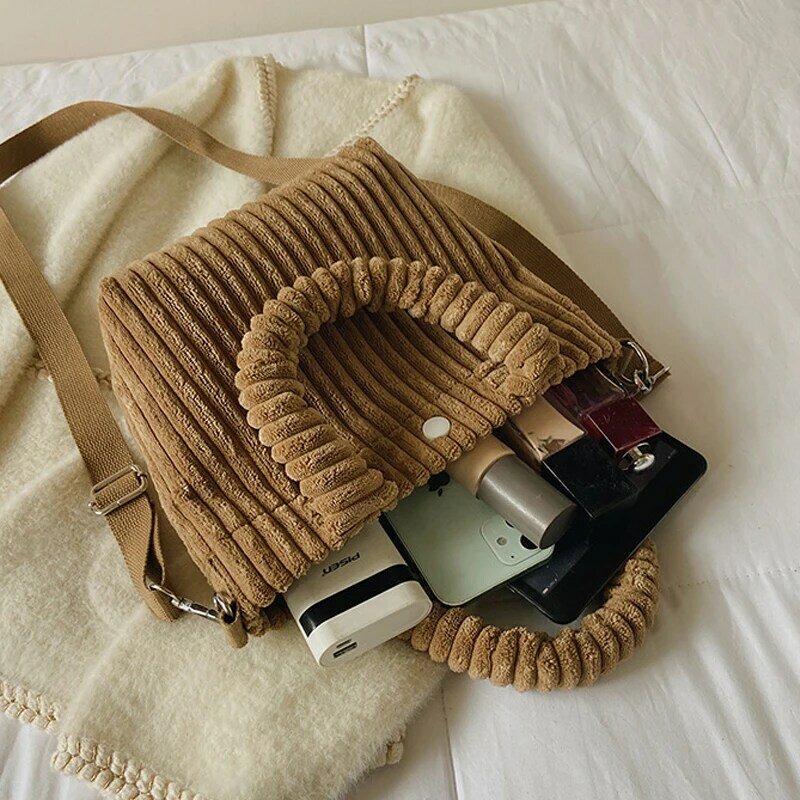 Autumn Winter Corduroy Bag Female Furry Handbag Ladies Plush Bucket Shoulder Bag Basket Soft Messenger Bags