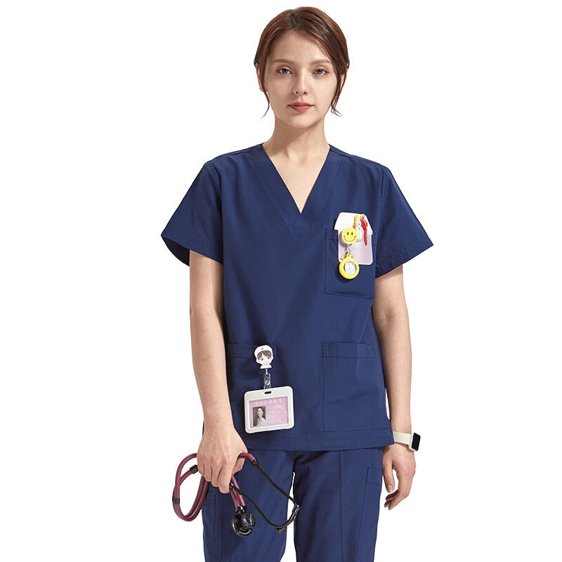 Set scrub medis untuk wanita pengasuh pekerja menyusui 3 saku seragam suster wanita atasan celana Esthetician Workwear