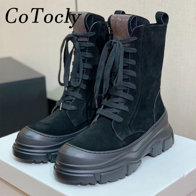 Luxury Cow Suede Motorcycle Boots Women Round Toe Lace Up Flat Platform Shoes Female Thick Sole String Bead Knight Boots Woman