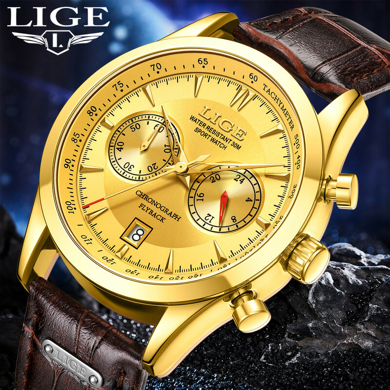 Часы наручные LIGE мужские с хронографом, модные роскошные Брендовые спортивные Кварцевые водонепроницаемые в стиле милитари, с кожаным ремешком