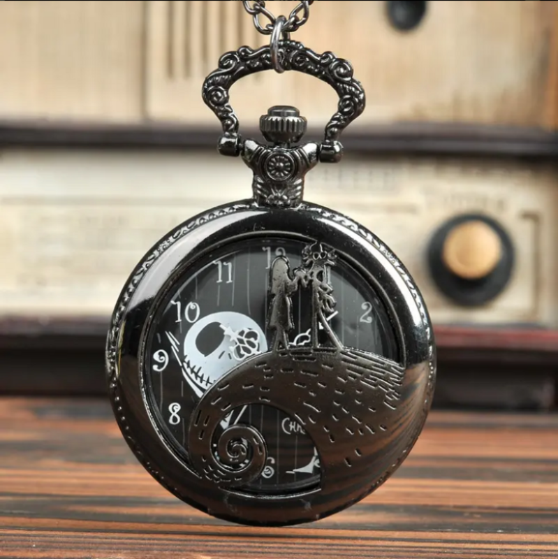 Relógio de bolso preto de quartzo para homens e mulheres, design temático do Natal, presentes vintage do colar, relógios requintados do quartzo, moda