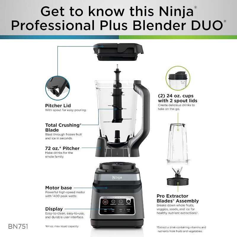Ninja BN751 Blender Plus DUO profesional, 1400 watt puncak, 3 Program IQ otomatis untuk smoothie