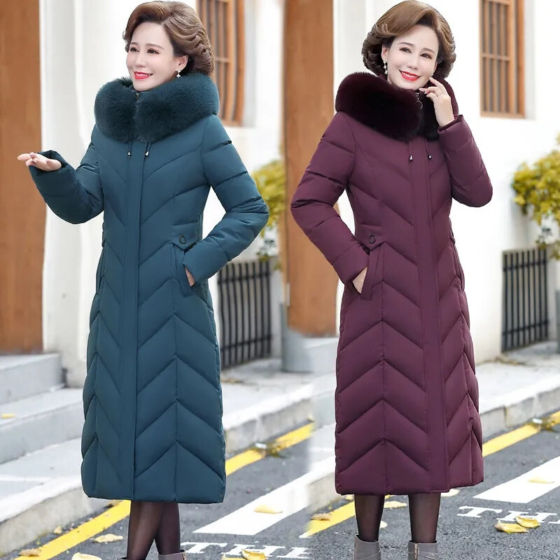 女性の冬のロングパーカーコート、中年母、暖かいダウンコットン厚手のジャケット、女性の毛皮の襟、フード付きアウター、パーカー、新しい2023