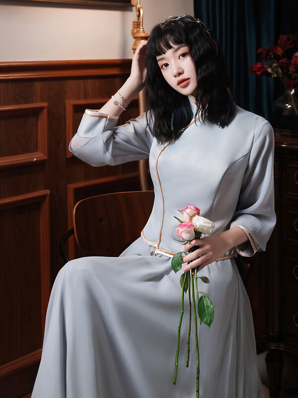 Szary chiński Cheongsam ślub z długim rękawem koszula i spódnica z siatki garnitur satynowe kobiety Celebrity bankiet suknia suknia w stylu Vintage De Soiree