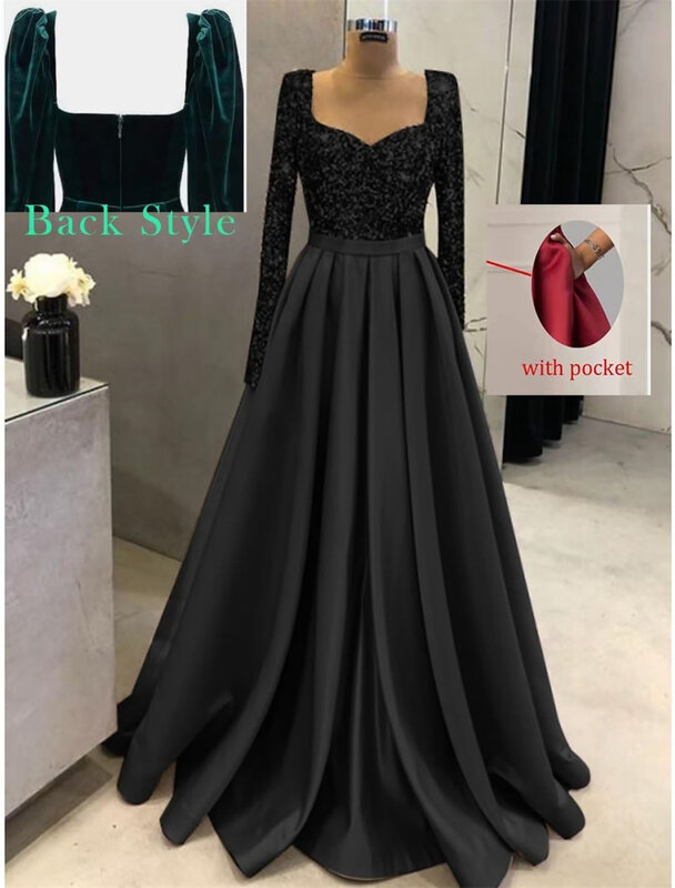 Evening Gowns 2024 Long Sleeves Sequins Prom Dresses Satin Pockets for Women Square Neck Formal Evening Wedding Guest Dress