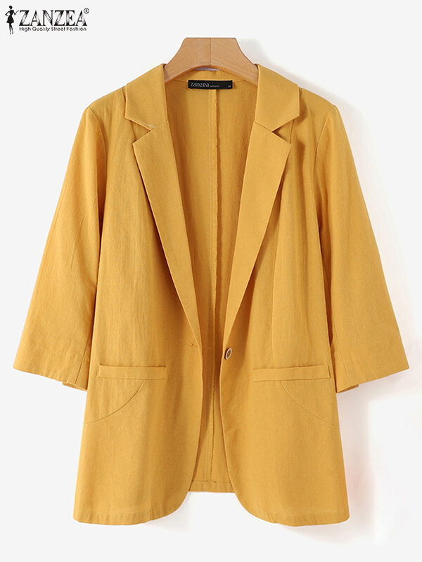 ZANZEA 여성용 라펠 넥 단색 재킷, 3/4 슬리브 블레이저, 여성 캐주얼 OL 오피스 아웃웨어, 휴일 코튼 코트 2023, 가을 패션
