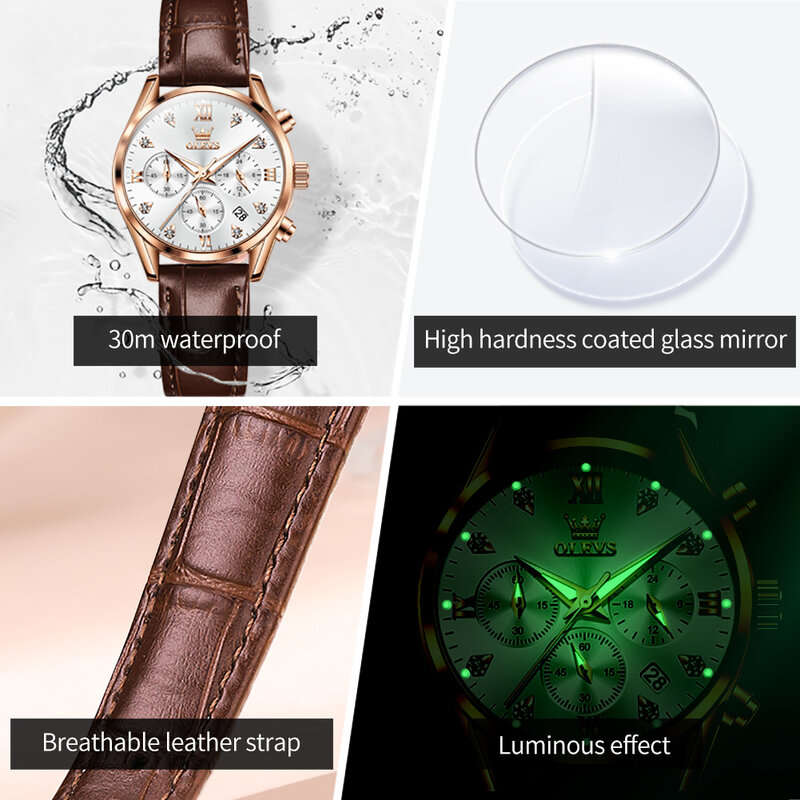 OLEVS 여성용 스테인리스 스틸 시계, 크로노그래프 쿼츠 시계, 방수 손목시계 및 박스, 탑 브랜드 럭셔리 패션