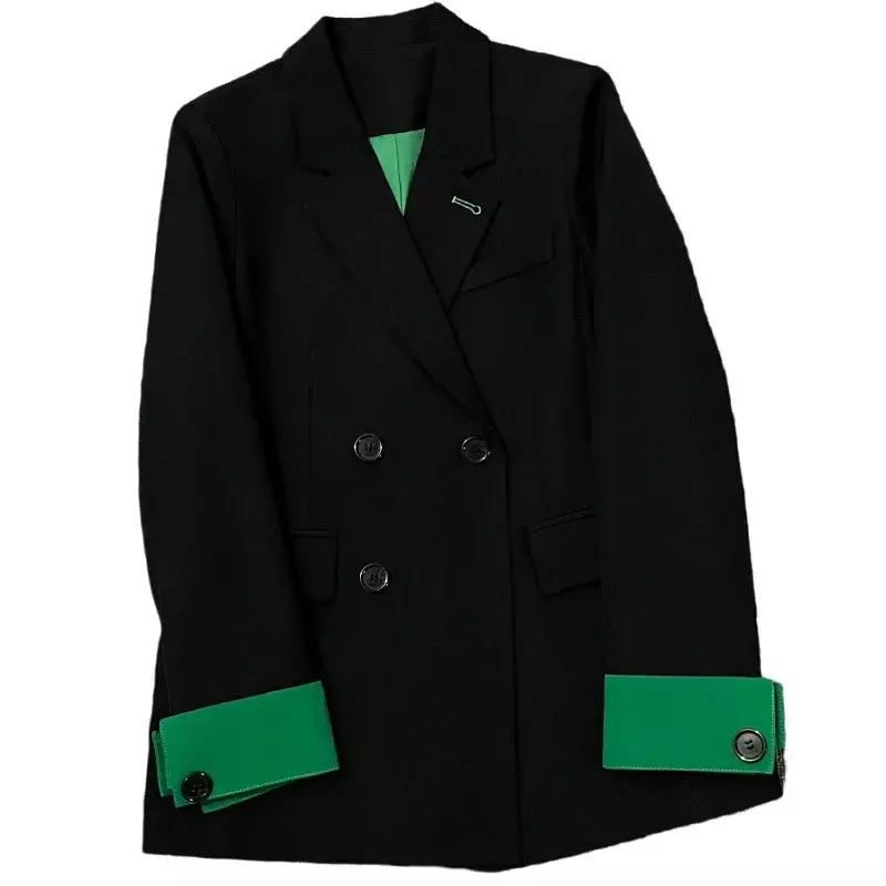 Setelan pakaian wanita hitam hijau, 1 buah Blazer penyambungan warna pakaian kerja Formal kantor wanita modis mantel gaun Prom
