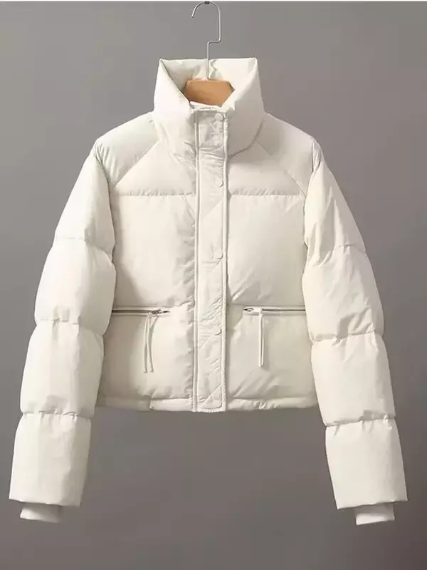 Jaket kulit Pu wanita musim dingin, mantel bulu angsa gaya jalanan tinggi dengan ritsleting, jaket musim dingin kasual
