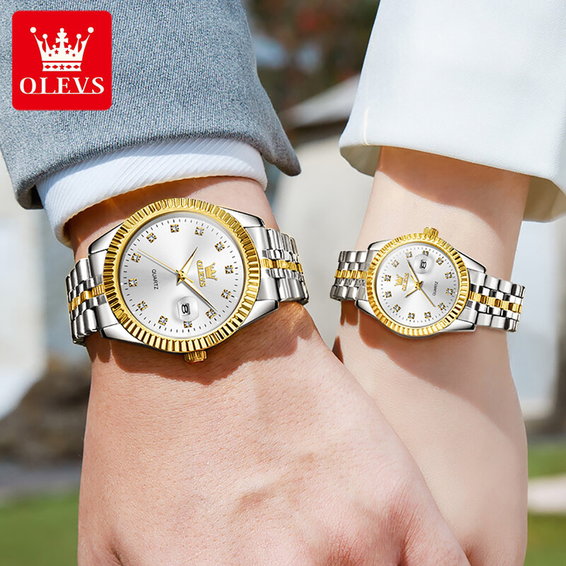 Olevs 5526 Luxe Merk Quartz Paar Horloge Waterdicht Horloge Classic Business Dating Week Diamond Klok Zijn Of Haar Horloge Set