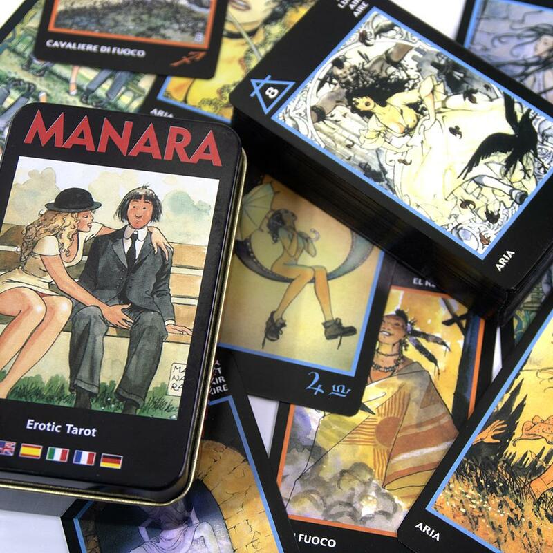 Manara Tarot Deck en una caja de hojalata, borde dorado para tarjeta de juego de adivinación