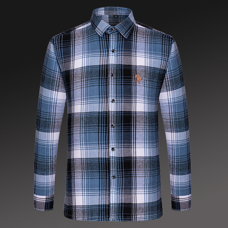 Increase 115KG men's 100% cotton sanded plaid long shirts for casual middle-aged and elderly fathers to wear shirts and jackets.