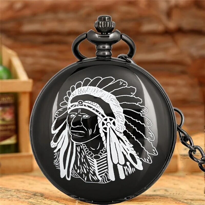 Personalized Pocket Watch Indian Man Design Full Hunter Quartz Movement Clock Arabic Number Dial with Pendant Chain Reloj