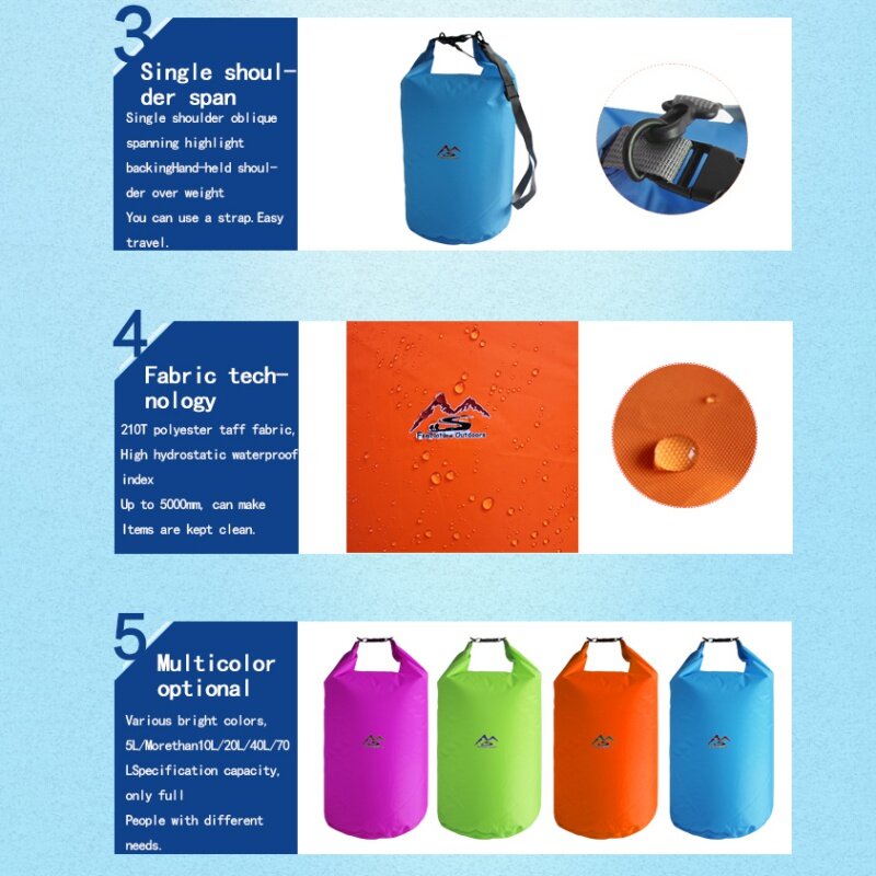 Bolsa seca impermeable para acampar, bolsa de agua al aire libre, senderismo, natación, Rafting, Kayak, río, pesca, 5L10L20L40L70L