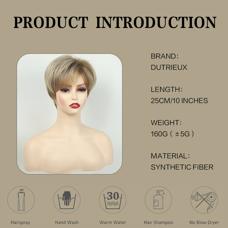 DUTRIEUX-Peruca de cabelo liso curto para senhoras, dourado claro, sintético, franja oblíqua, resistente ao calor, moda, atacado