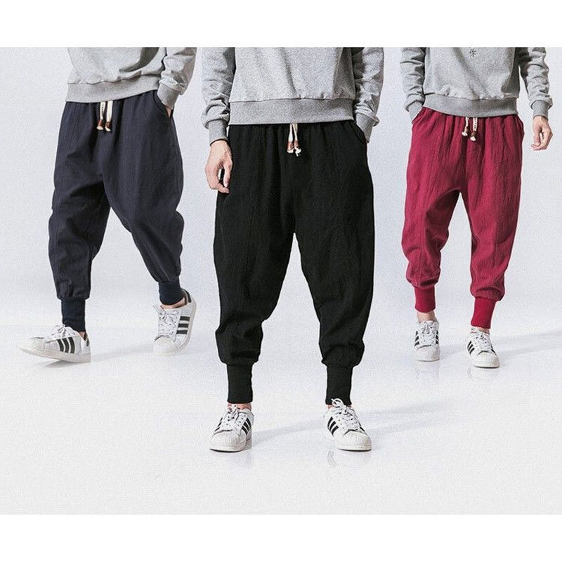 Брюки мужские в китайском стиле, свободные однотонные хлопково-льняные повседневные удобные штаны в стиле Харан, Молодежные разноцветные, большие размеры, на лето