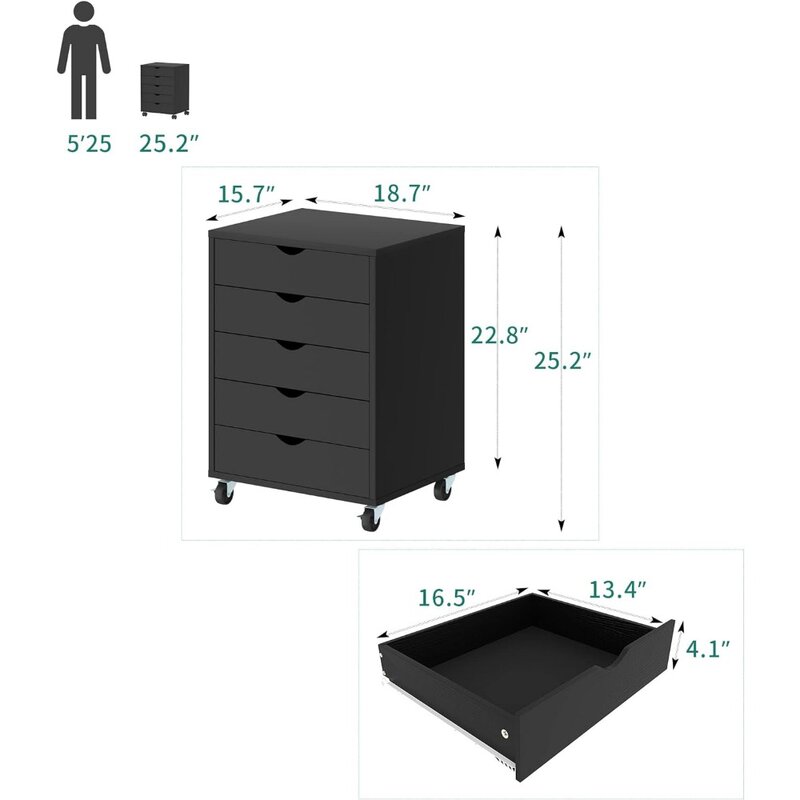 5-szufladowa komoda, mobilna szafka na dokumenty z kółkami, komoda do przechowywania w biurze domowym, czarna
