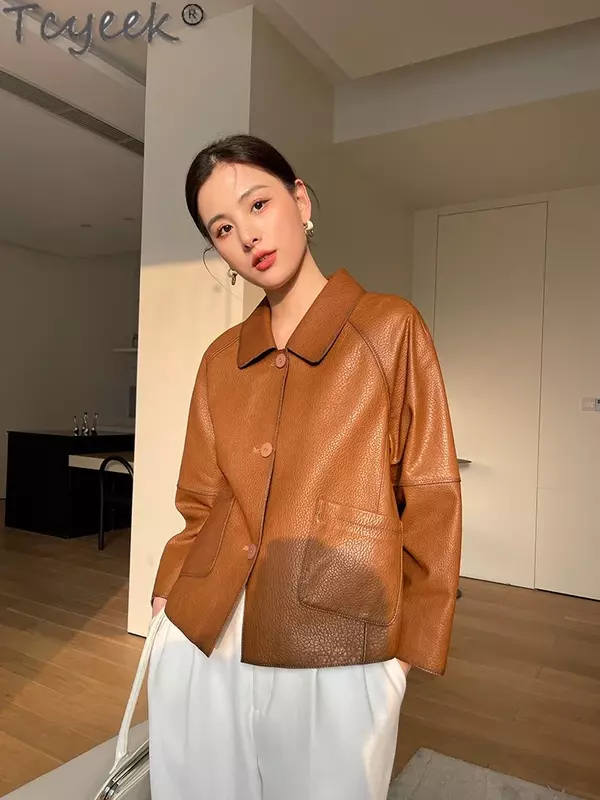 Jaqueta de couro genuíno de peito único feminina, casaco de pele de carneiro real, moda simples, casual, nova, primavera, 2021