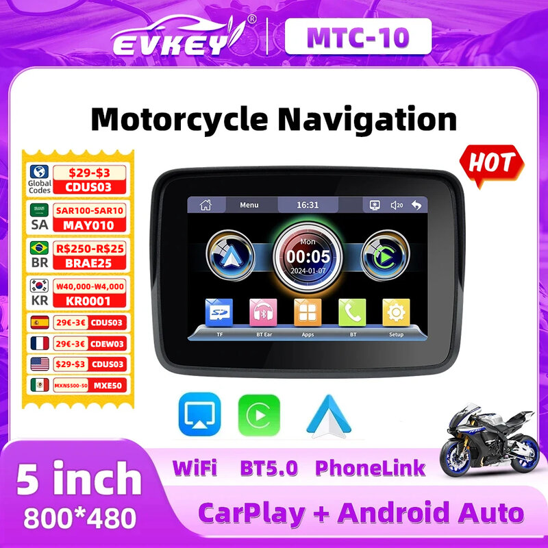EKVEY-Pantalla de navegación para motocicleta, Monitor portátil inalámbrico, Android automático, resistente al agua, Apple Carplay
