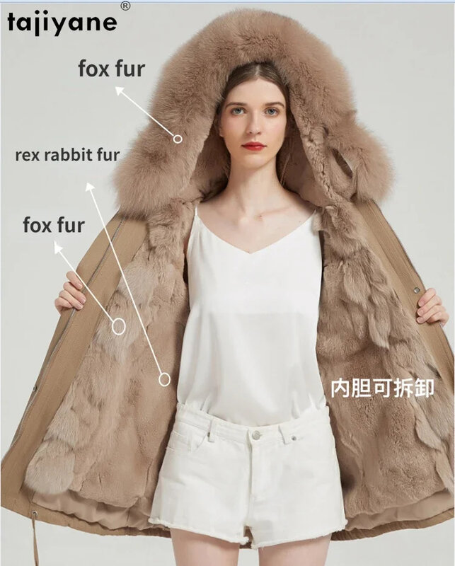 여성용 진짜 Tajiyane 모피 코트, 탈부착 렉스 래빗 라이너 파카, 여우 칼라 중간 길이 재킷, 2024 겨울 패션