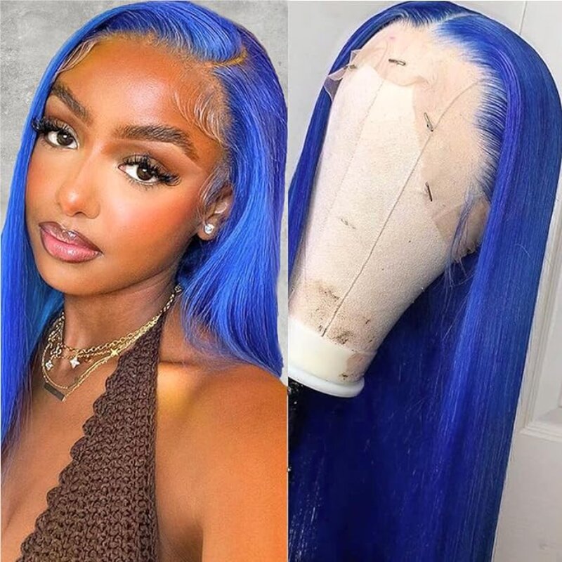 Peruca de cabelo humano azul sem cola para mulheres, laço frontal HD, cabelo humano real, 4x4